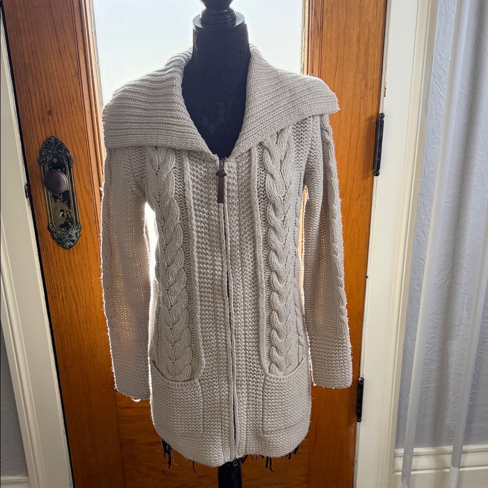 Cynthia Rowley Cream Cable-Knit Zip Cardigan